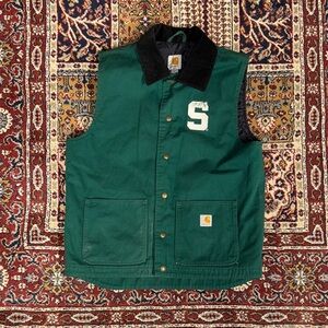 Carhartt Forest Green Vest Black Corduroy Collar Gold Buttons Work Skate MEDIUM